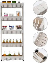 White plastic 5-tier kitchen trolley organizer with wheels, ideal for narrow spaces like closets and garages